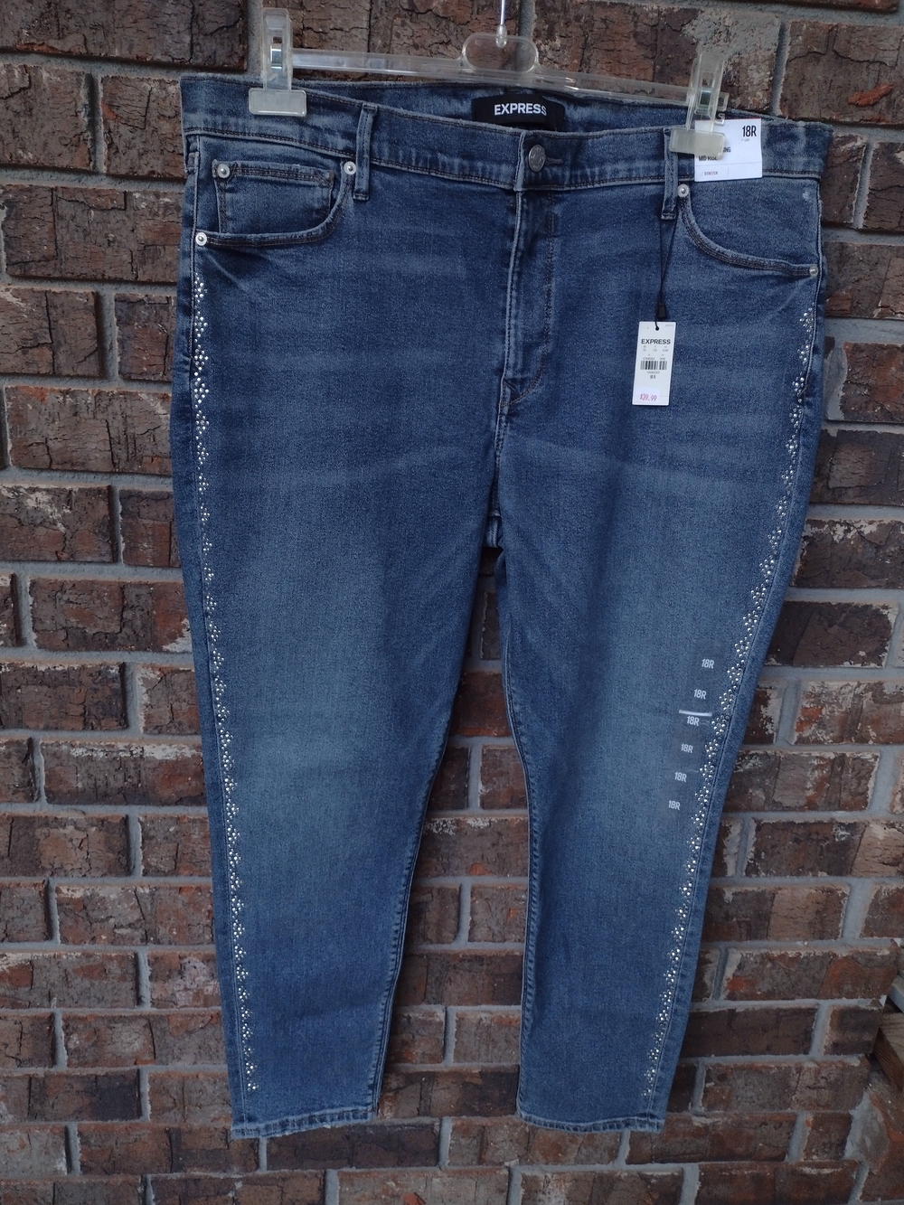 Express Ankle Leggings Jeans Women's Size 18R Blue Mid Rise Stretch Bling NWT